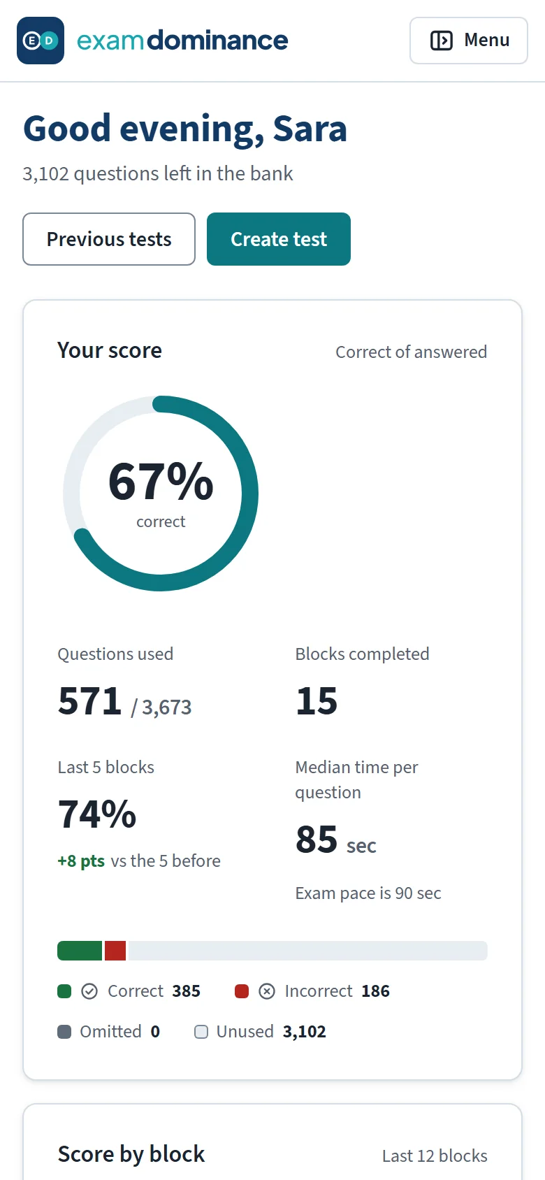 Exam Dominance: the performance screen on a phone