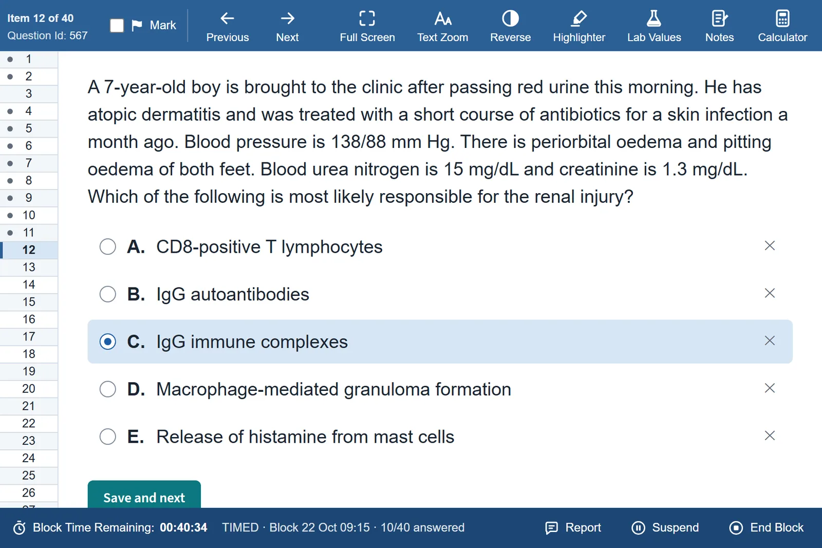 Exam Dominance on the web: Question 567, a Step 1 renal question, in the 40-question block screen with the question list down the side